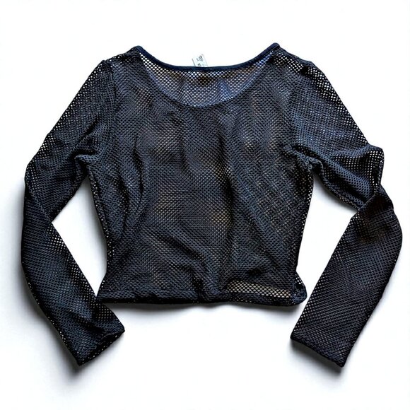 Express vintage Y2K black mesh fish net gothic punk long sleeve top W's S - Picture 4 of 5